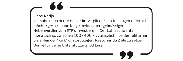 Testimonial von Lara über ETF-Investment und monatliche Sparquote von 100-400 CHF