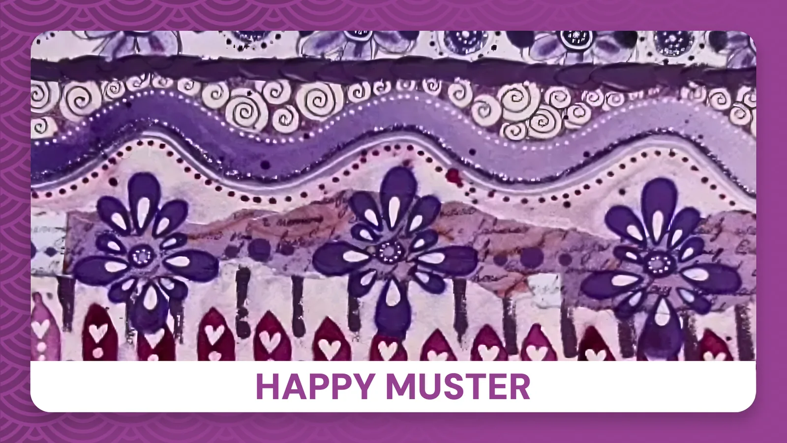 Hero-Banner Happy Muster Kurs mit lila Musterdesign und Blütenmotiven