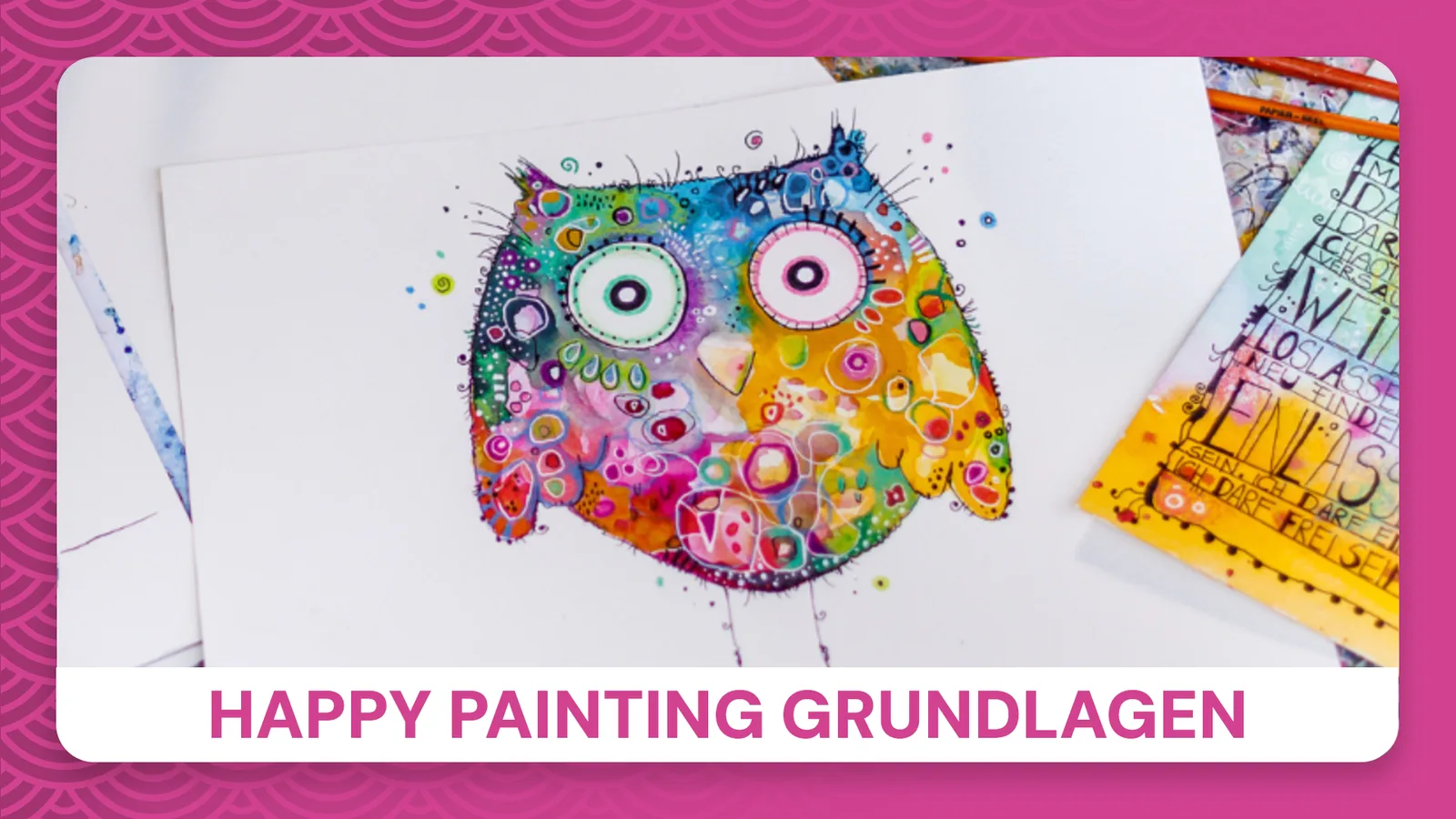 Hero-Banner für Happy Painting Malkurs mit buntem Eulenmotiv auf rosa Hintergrund