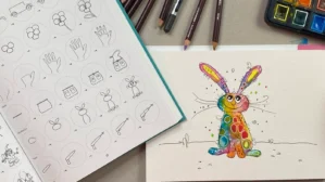Malkurs-Workbook mit Zeichenvorlagen und farbig bemaltem buntem Häschen-Kunstwerk