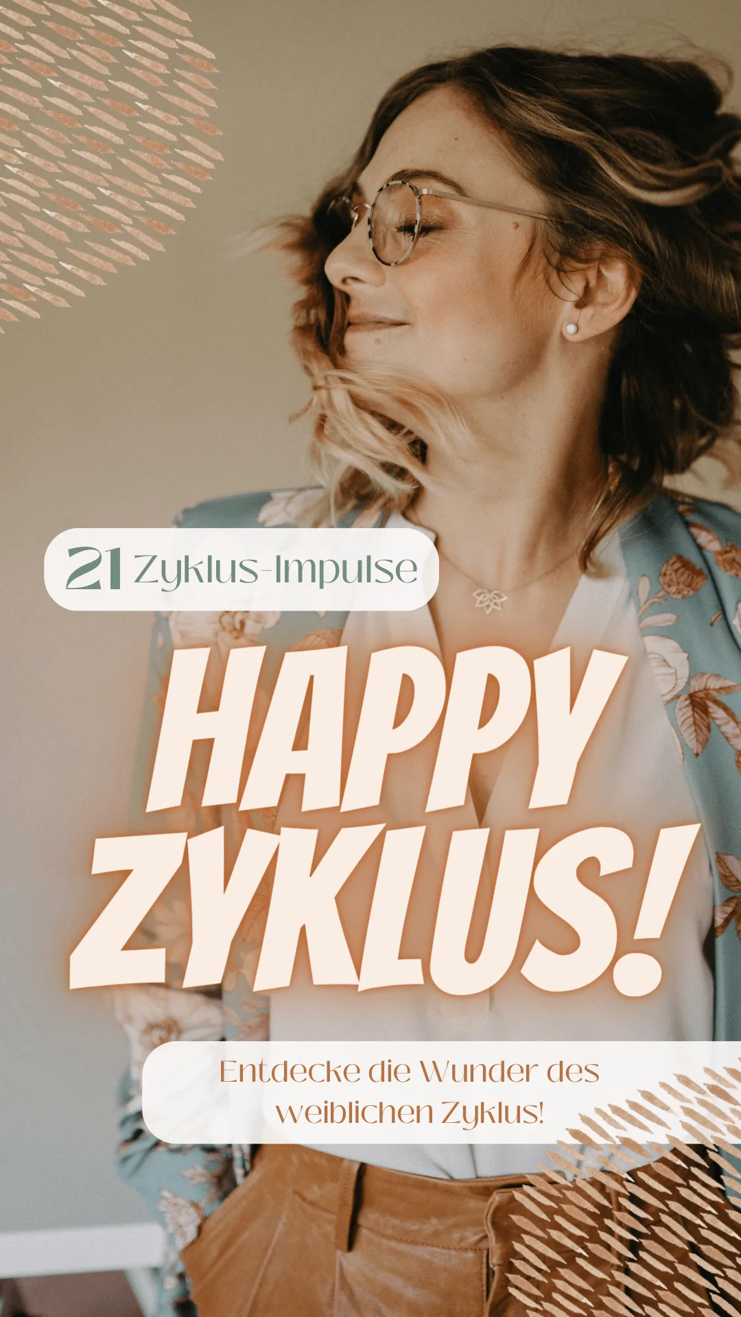 Happy Zyklus E-Mail-Kurs Titelbild mit Frau und Typografie in Creme und Bronze