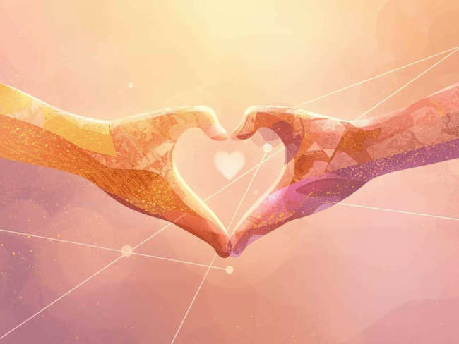 Hände formen Herz vor rosa-orangem Hintergrund mit Netzwerk-Motiven