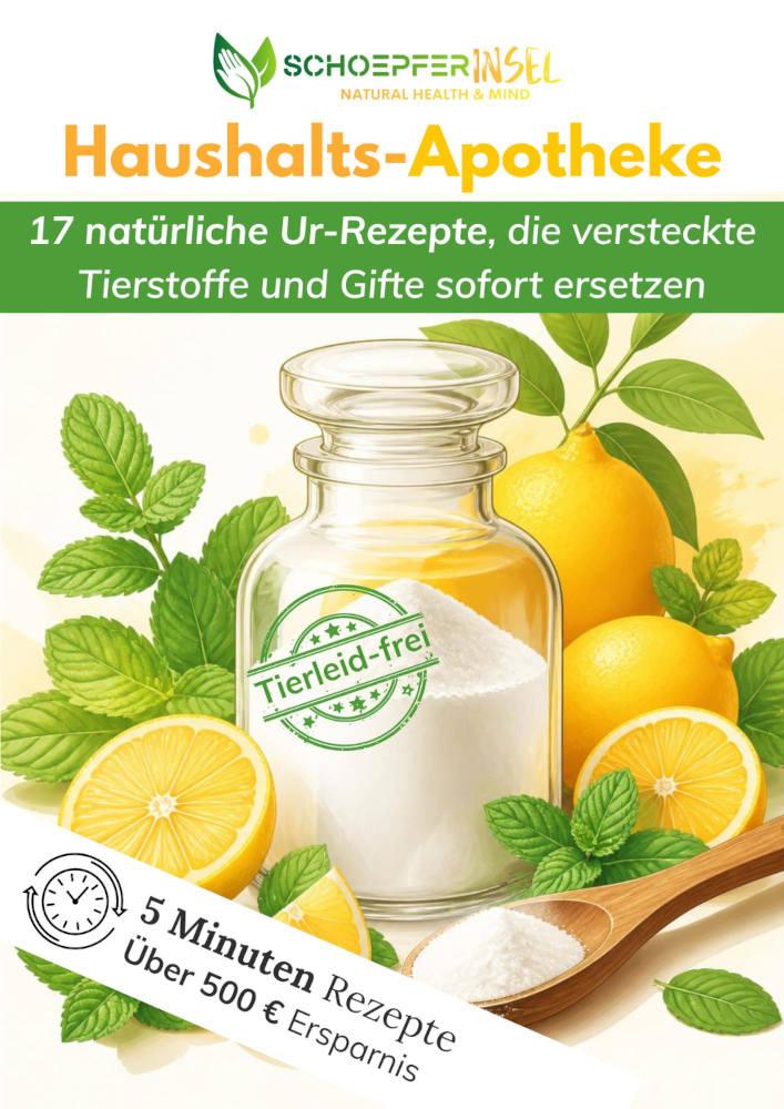 Cover Haushalts-Apotheke mit Schöpferinsel Logo, Zitrone, Minze und Glasflasche mit Salz