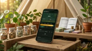 Smartphone mit Haushaltsbuch-App auf Holztisch, umgeben von Spargläsern mit Münzen, Geldscheinen, Pflanzen und offenen Notizb