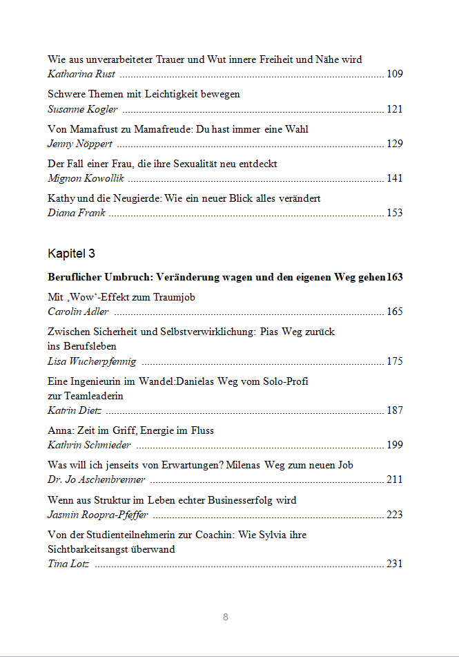 Inhaltsverzeichnis Seite 8 mit Kapitel 2 und 3, Beiträge zu Trauer, Leichtigkeit, Mamafrust und beruflichem Umbruch
