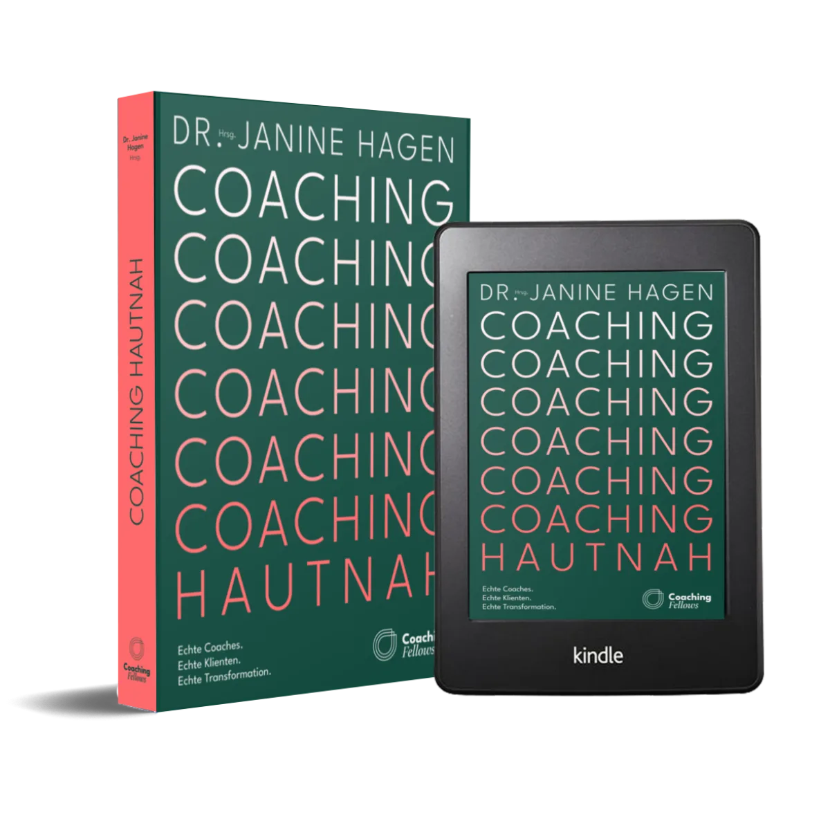 Buch und Kindle-Version von Coaching hautnah von Dr. Janine Hagen mit grünem Cover und rotem Rücken