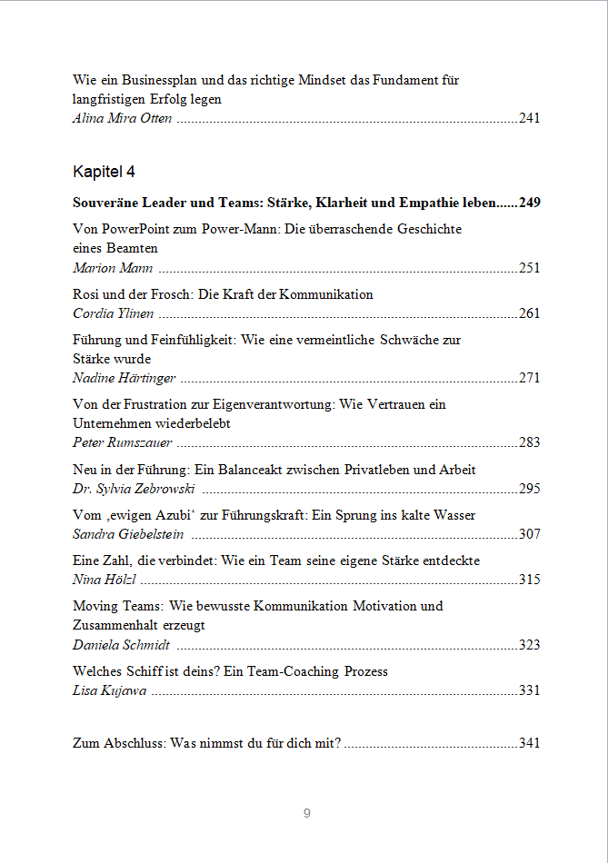 Inhaltsverzeichnis Seite 9 Kapitel 4 mit Beiträgen zu Leadership, Teams, Kommunikation und Coaching