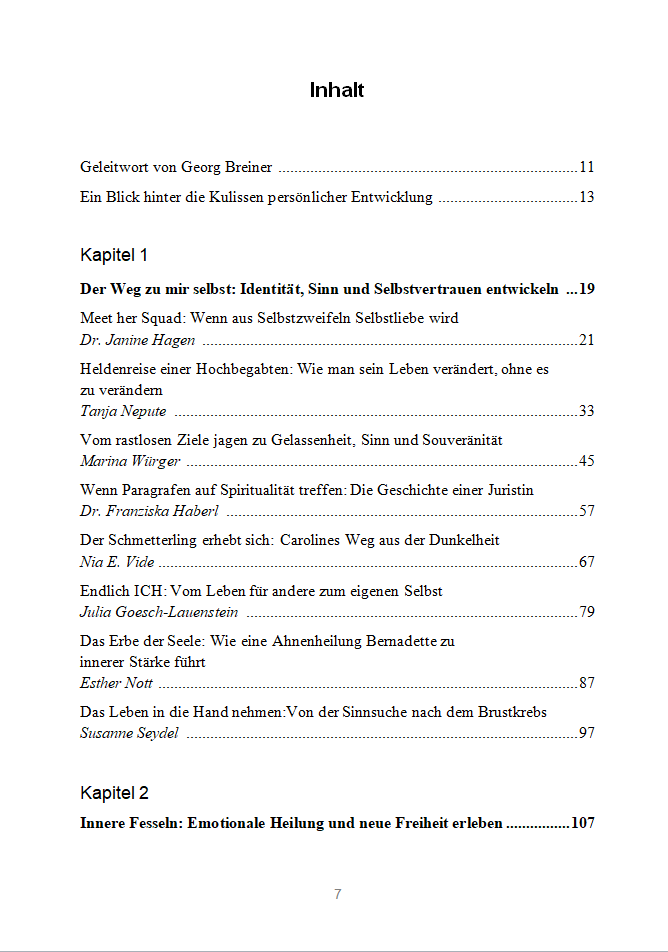Inhaltsverzeichnis des Buches Coaching hautnah mit Kapiteln und Autoren