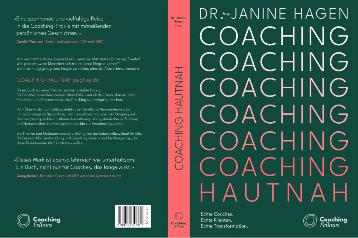 Buchcover von Coaching Hautnah von Dr. Janine Hagen mit grünem Hintergrund und rosa Streifen