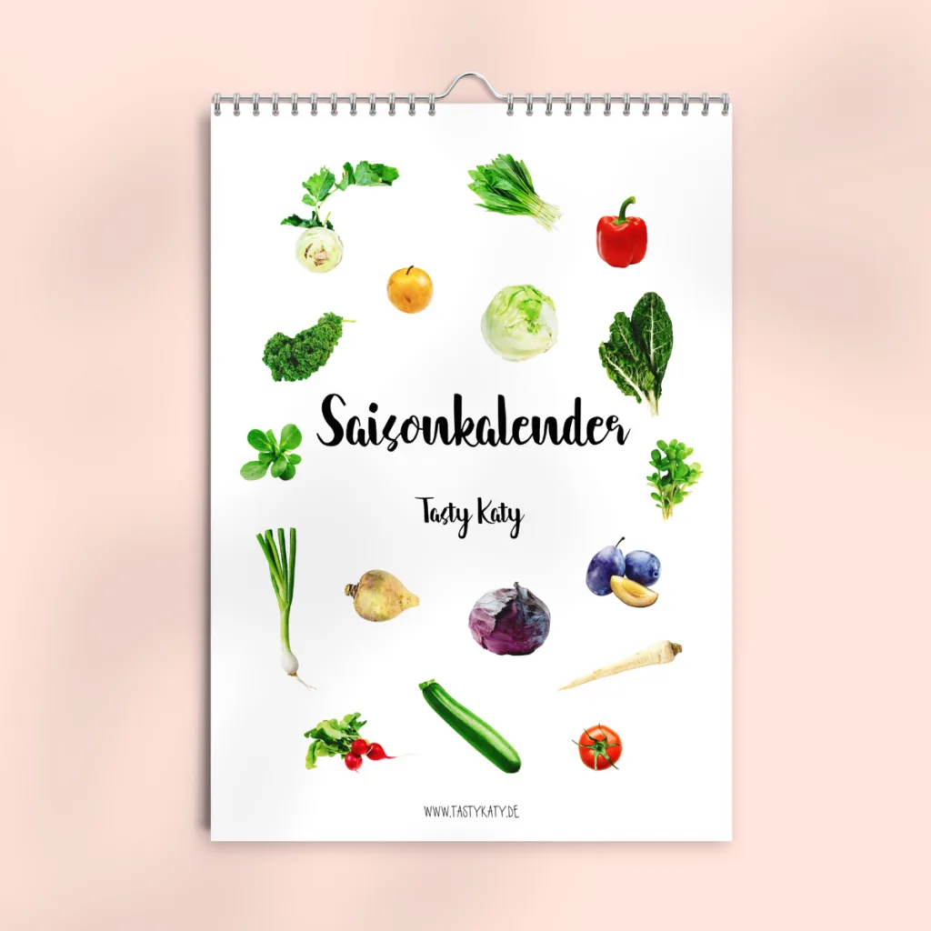 Saisonkalender von Tasty Katy mit Gemüse, Obst und Kräutern, Spiral-Wandkalender 1024x1024