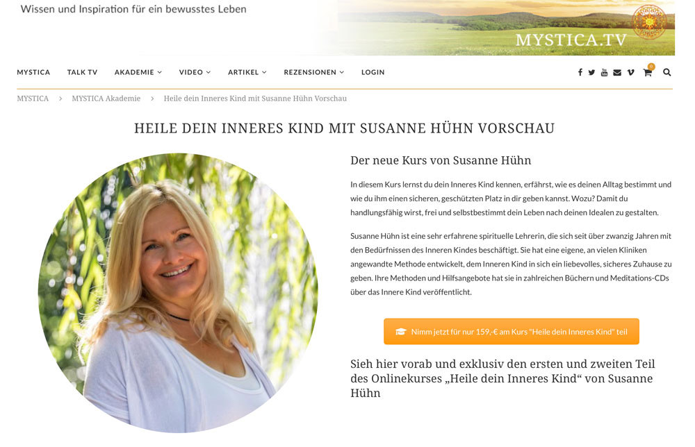 Screenshot der MYSTICA Akademie Kursseite mit Porträt von Susanne Hühn