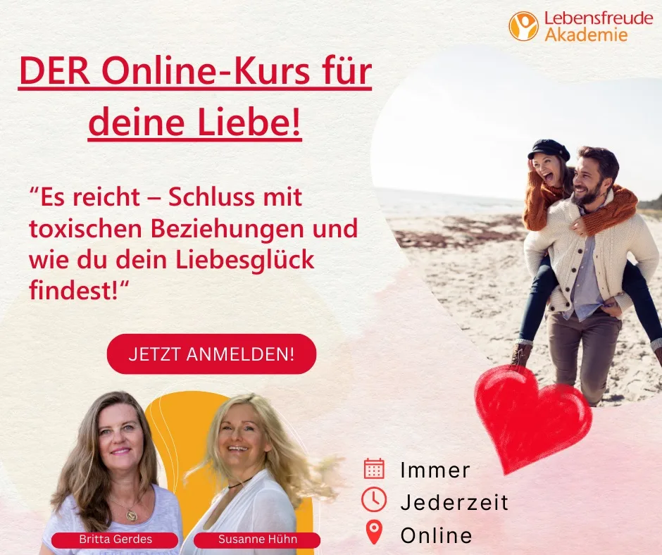 Werbebanner für Online-Kurs Für deine Liebe mit Paar am Strand und zwei Trainerinnen