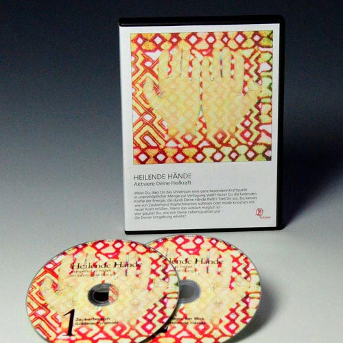 Heilende Hände Audio-Programm DVD-Box mit zwei DVDs, geometrisches rotes und goldenes Muster, Handabdrücke