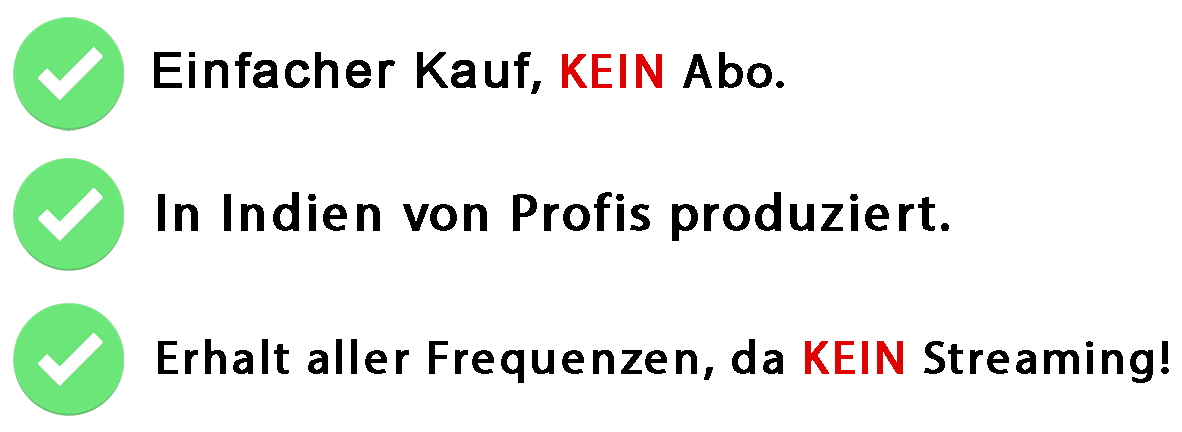 Heilende Solfeggio Frequenzen – Audio-Album zum Hören 6 Verkaufsargumente mit Checkmarks: Einfacher Kauf, Profis-Produktion, Alle Frequenzen
