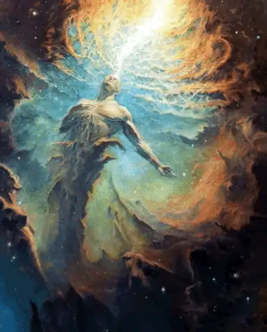 Spirituelle Illustration einer aufstrebenden leuchtenden Figur in kosmischer Umgebung