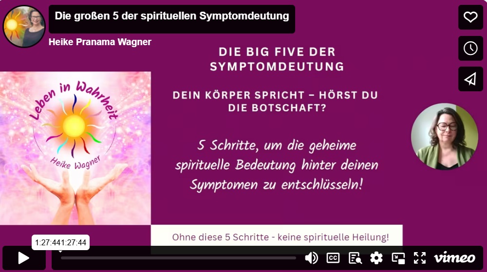 Heilerausbildung online: GOLD – Videokurs spirituelles Heilen 5 Vimeo-Video-Thumbnail mit Heike Wagner und Buchtitel zur spirituellen Symptomdeutung