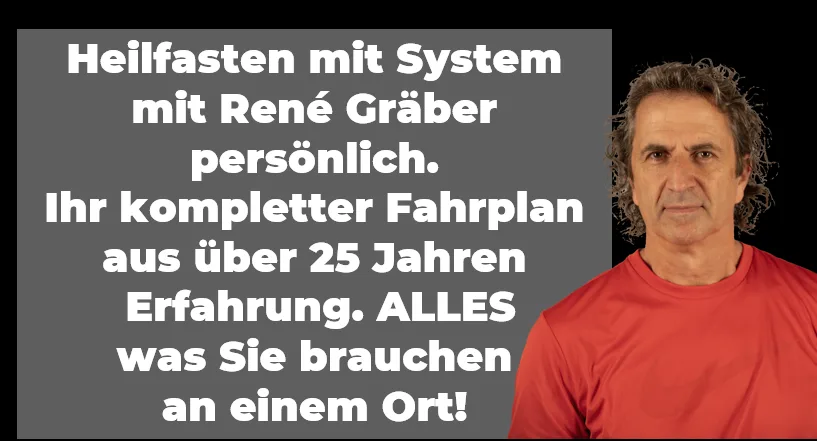 René Gräber Portrait mit Werbebotschaft für Heilfastenkurs, Mann im roten Shirt, Text über 25 Jahre Erfahrung