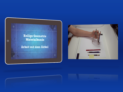 Tablet zeigt Heilige Geometrie Materialkurs Inhalte, neben praktische Arbeit mit Zirkel