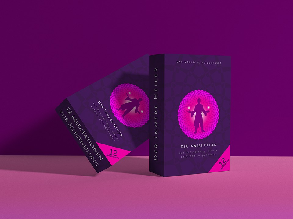 Der Innere Heiler Produktset – Buch-Mockup auf violettem Hintergrund mit pinkem Mandala-Logo