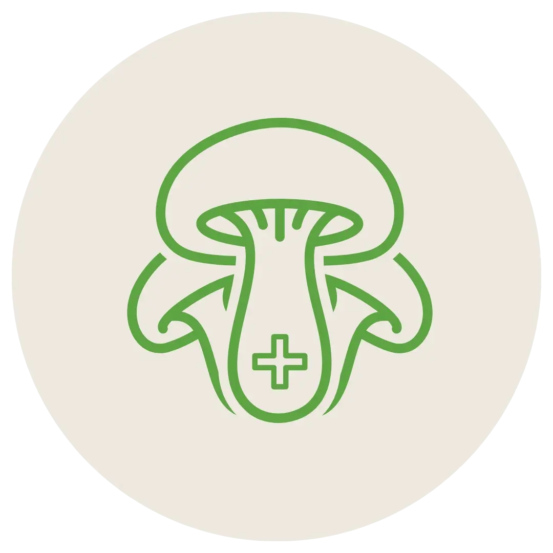 Grünes Pilz-Icon mit Hut, Lamellen und medizinischem Kreuz-Symbol auf beige-cremefarbenem Hintergrund