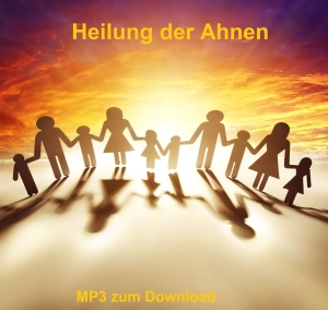 Heilung der Ahnen - Kursbild mit Silhouetten einer Familie im Kreis vor goldenem Sonnenaufgang, MP3 zum Download