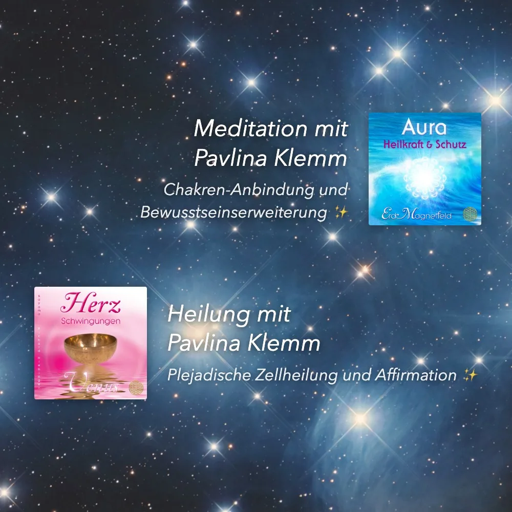 Meditationsabend Cover mit Sternenfeld, Meditation und Heilungs-Themen, zwei Produktabbildungen Aura und Herz