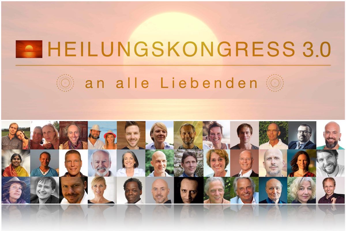 Hero-Banner Heilungskongress 3.0 mit Sonnenaufgang, goldener Schrift und Teilnehmerfotos
