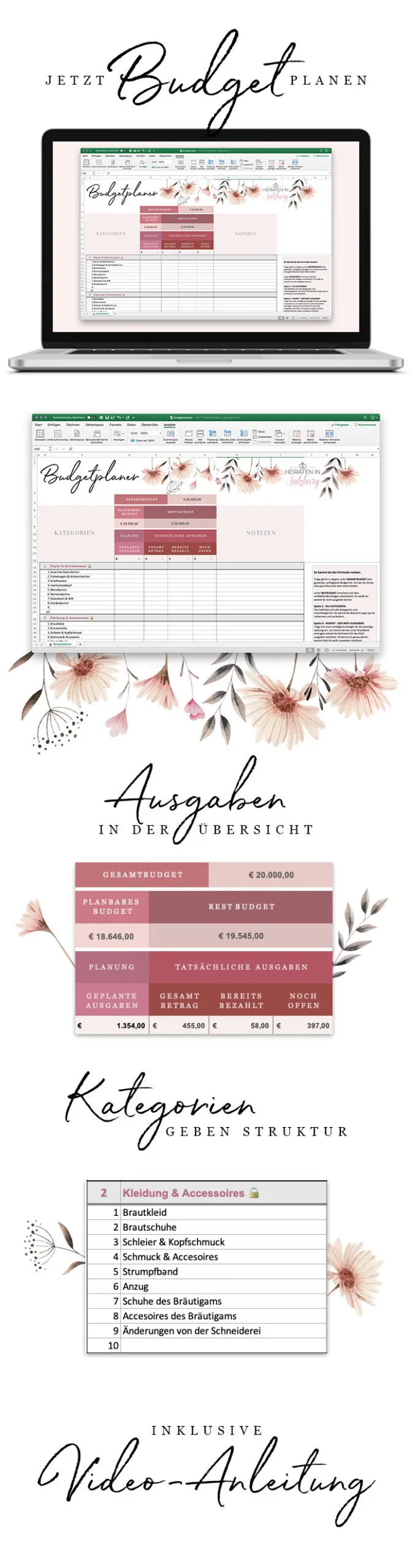 Heiraten-in-Salzburg Budgetplaner – Excel-Tool für Hochzeitskosten 5 Budgetplaner-Übersicht mit Laptop-Mockup und Detailansichten in vertikaler Anordnung