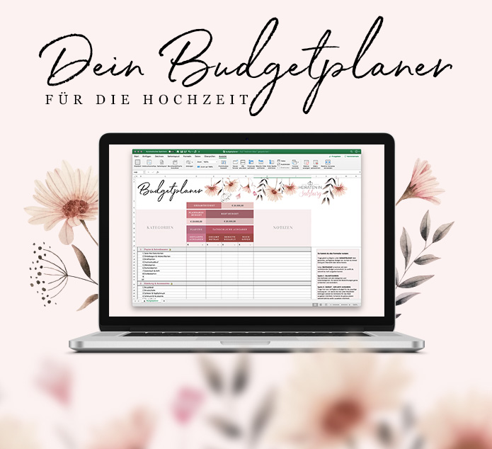 Heiraten-in-Salzburg Budgetplaner – Excel-Tool für Hochzeitskosten 1 Laptop-Mockup des Excel-Budgetplaners für Hochzeiten mit Blumendeko