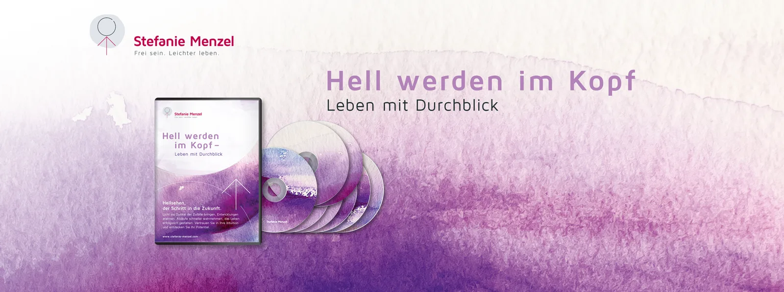 Hell werden im Kopf – Videokurs zur Intuition 2 Header-Banner mit Stefanie Menzel Logo, Stick-Figur und DVD-Box zum Kurs Hell werden im Kopf – Leben mit Durchblick auf viole