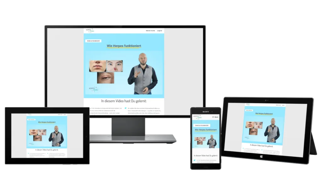 Responsive Mockup des Herpes-Guru Kurses auf verschiedenen Geräten (Desktop, Tablet, Smartphone)
