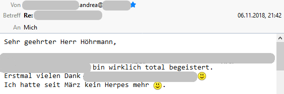 Kundenstimme von Andrea, berichtet seit März kein Herpes mehr