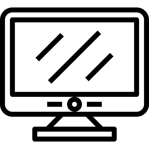 Monochrom schwarzes Icon eines Monitors mit Standfuß und Schrägstrichen auf dem Bildschirm