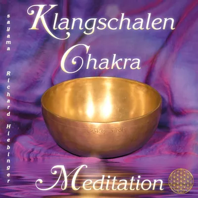 Klangschalen Chakra Meditation Cover mit Klangschale auf violettem Hintergrund