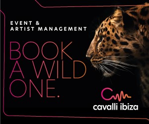 Cavalli Ibiza Event & Artist Management Banner mit Leopardenmuster und Kontaktaufforderung