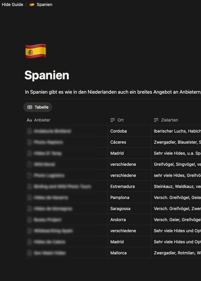 Screenshot Hide Guide Spanien-Seite mit Tabelle von Orten und Zielarten