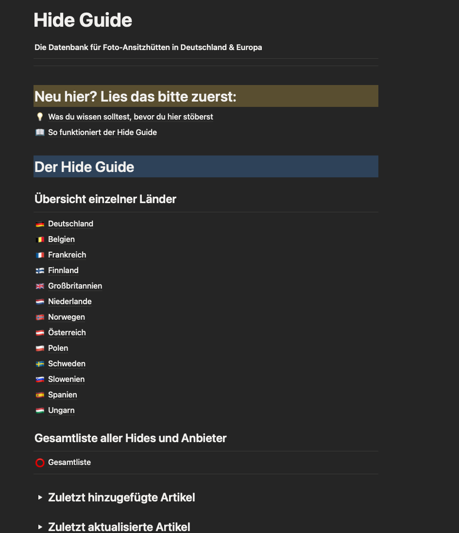 Screenshot Hide Guide Startseite mit Länderliste und Navigationsoptionen