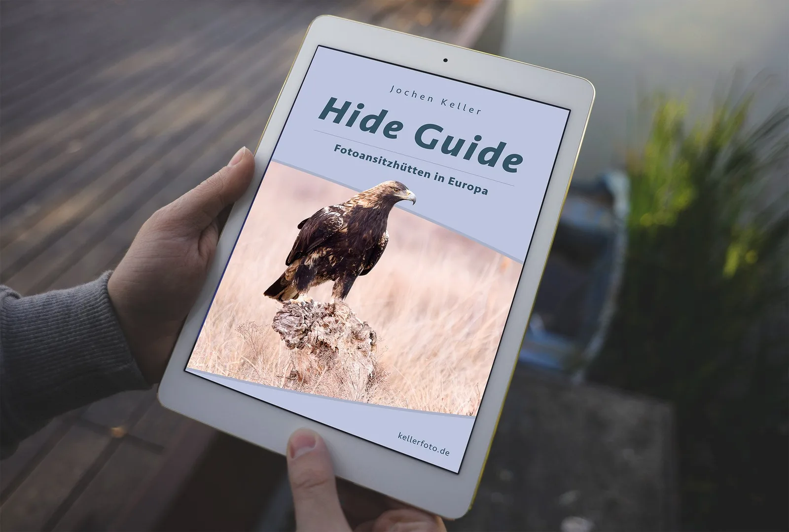 Hide Guide Buch-Cover auf Tablet mit Seeadler-Foto, Hand hält Gerät auf Holzterrasse