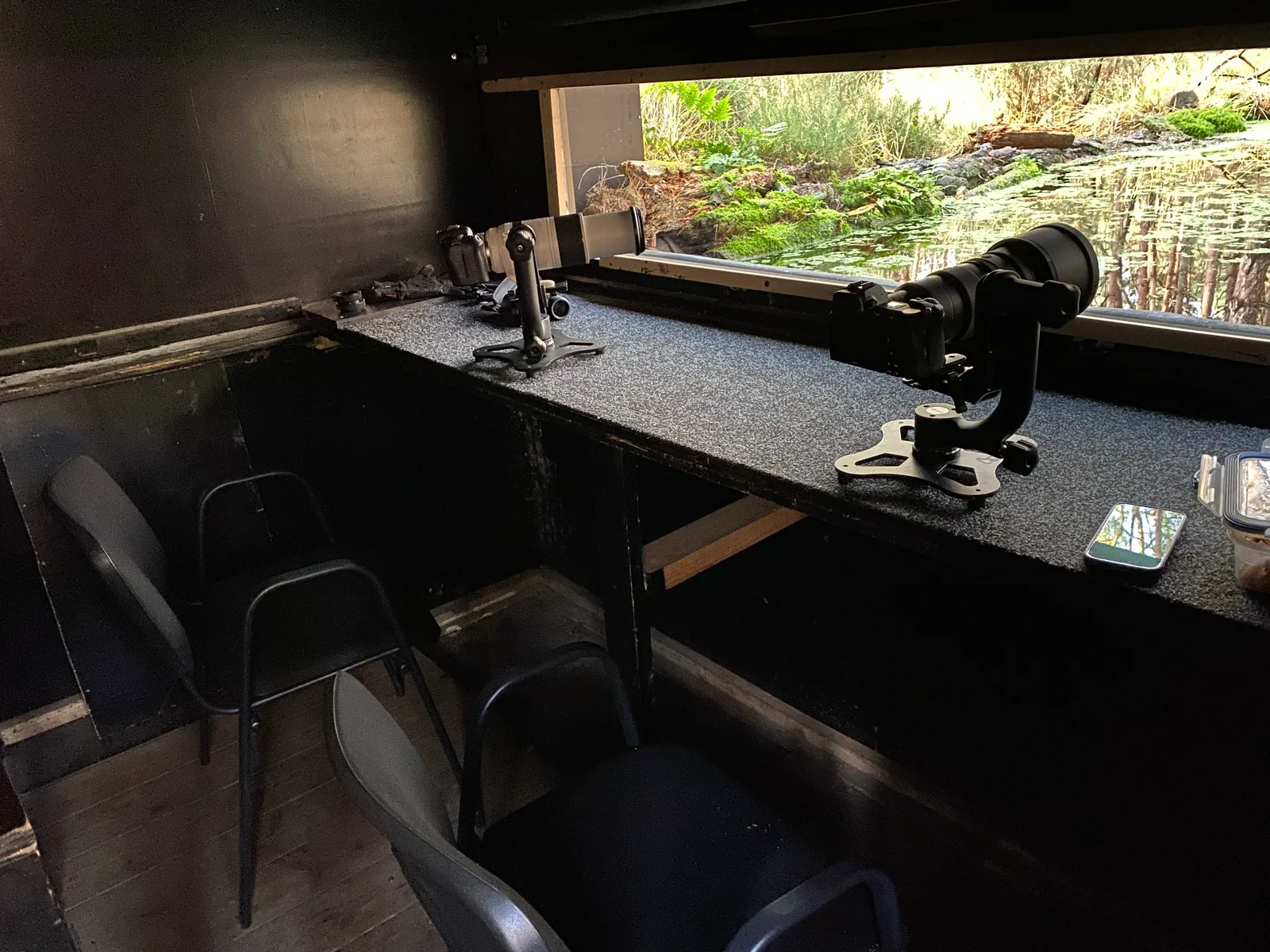 Beobachtungsstation mit Teleskop und Smartphone, Blick auf Wasserlauf mit Pflanzen