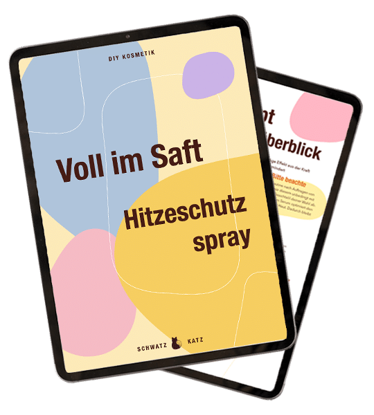 Mockup von Hitzeschutzspray »Voll im Saft« auf Tablet und Smartphone mit buntem Designlayout