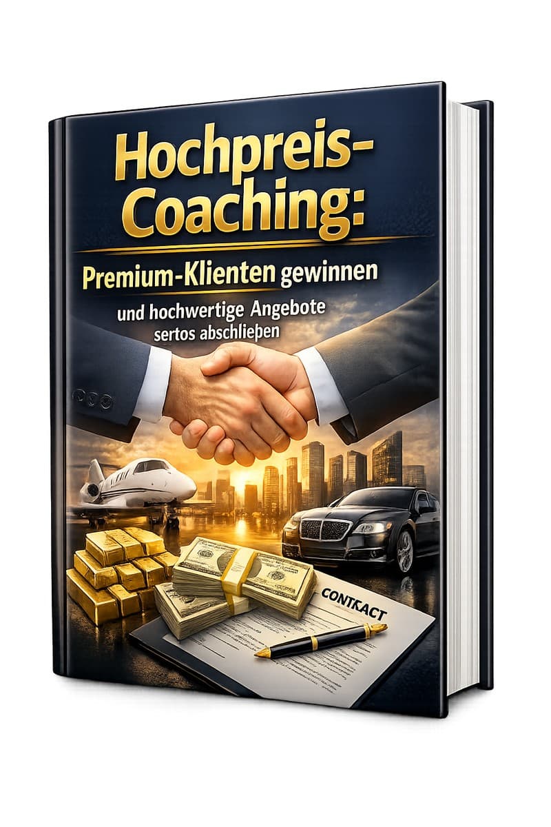 Buchcover Hochpreis-Coaching mit Handshake, Luxusautos, Gold und Contract-Dokument