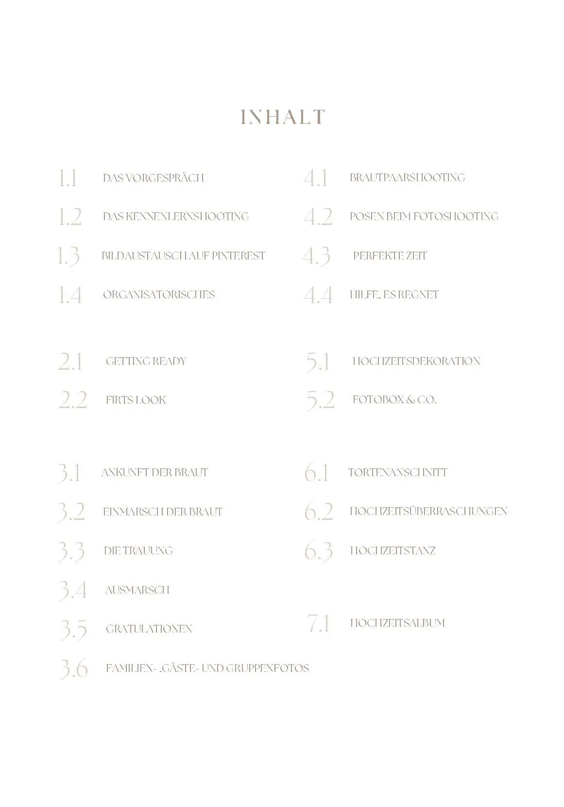 Inhaltsverzeichnis des Hochzeitsguides mit sieben Kapiteln und Unterabschnitten