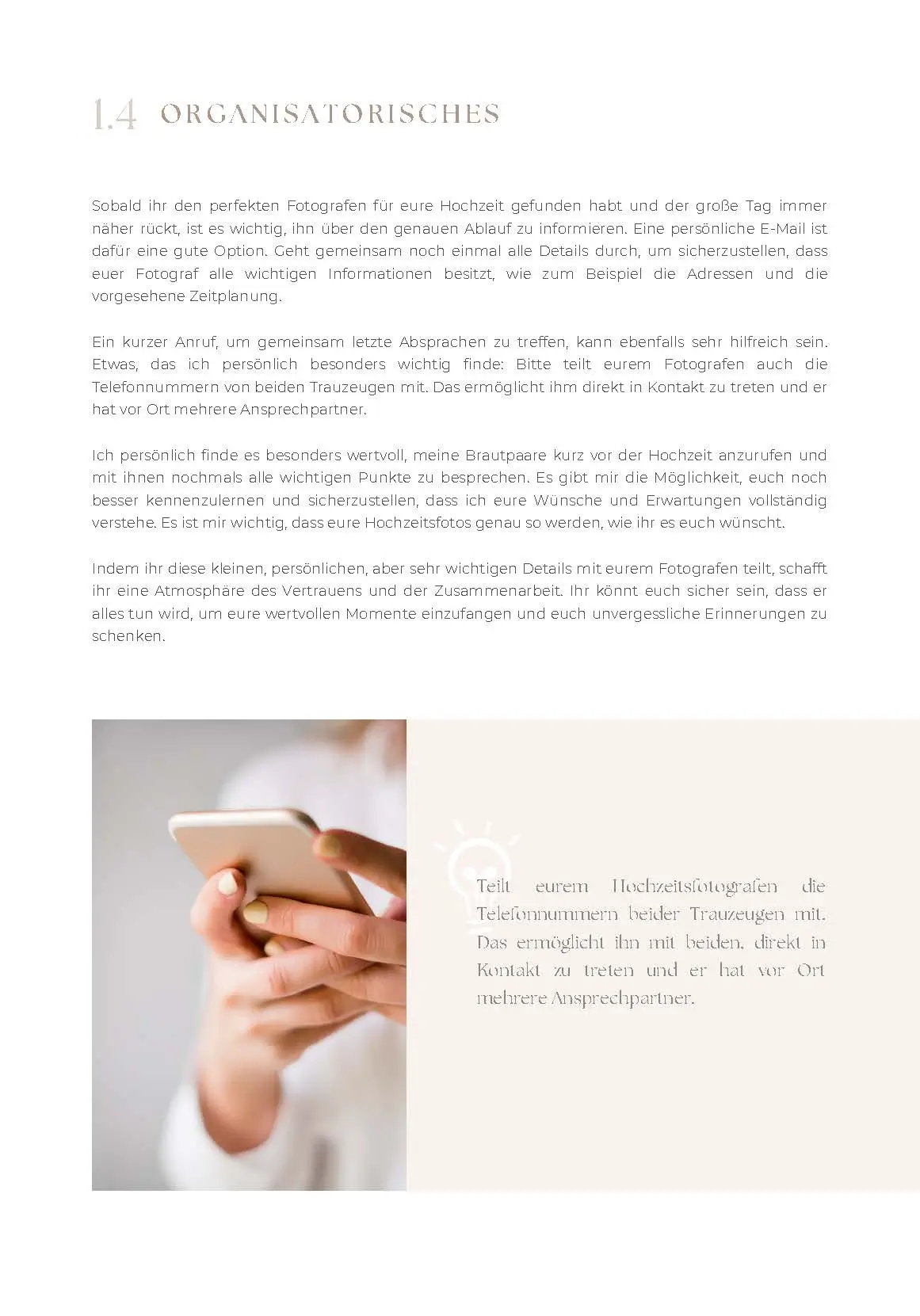 Kapitel 1.4 Organisatorisches mit Text und Foto von Braut mit Smartphone