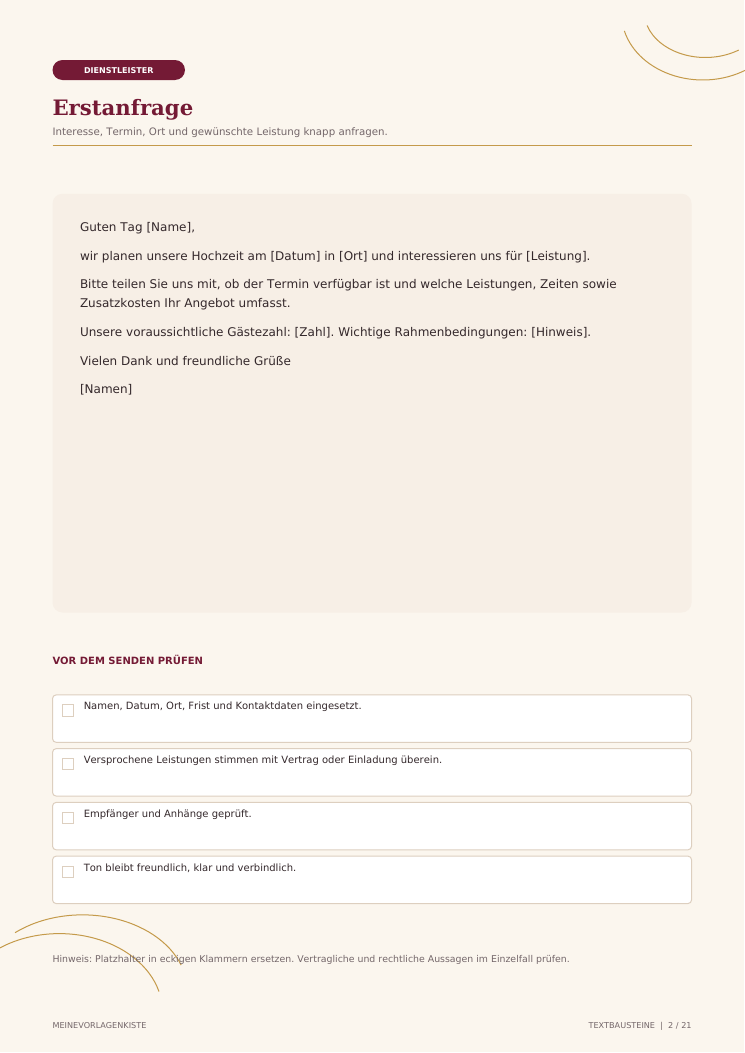 Textbaustein-Vorlage für Erstkontakt mit Dienstleistern zur Hochzeitsplanung mit Kontrollkästchen