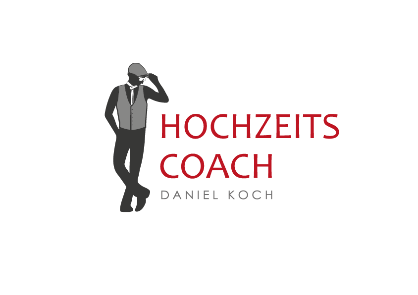 Logo Hochzeitscoach Daniel Koch mit stilisiertem Bräutigam in Grau und roter Schrift