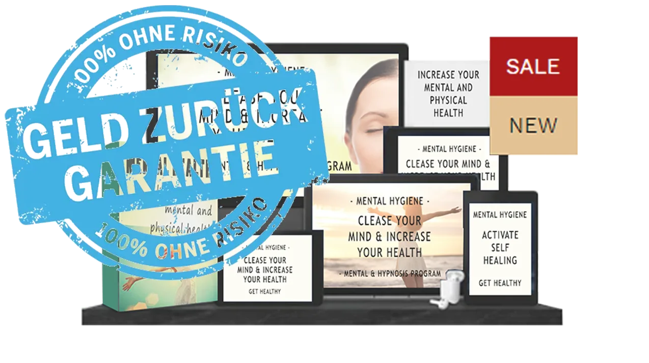 Verkaufsseite Mental Hygiene Programm mit Geld-zurück-Garantie Siegel und Produktmockups