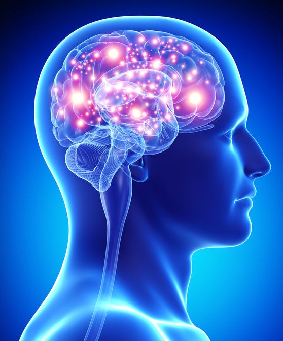 Leuchtende Gehirn-Illustration in blauem Profil mit Licht-Effekten, Mentaltraining Gesundheit Selbsthypnose