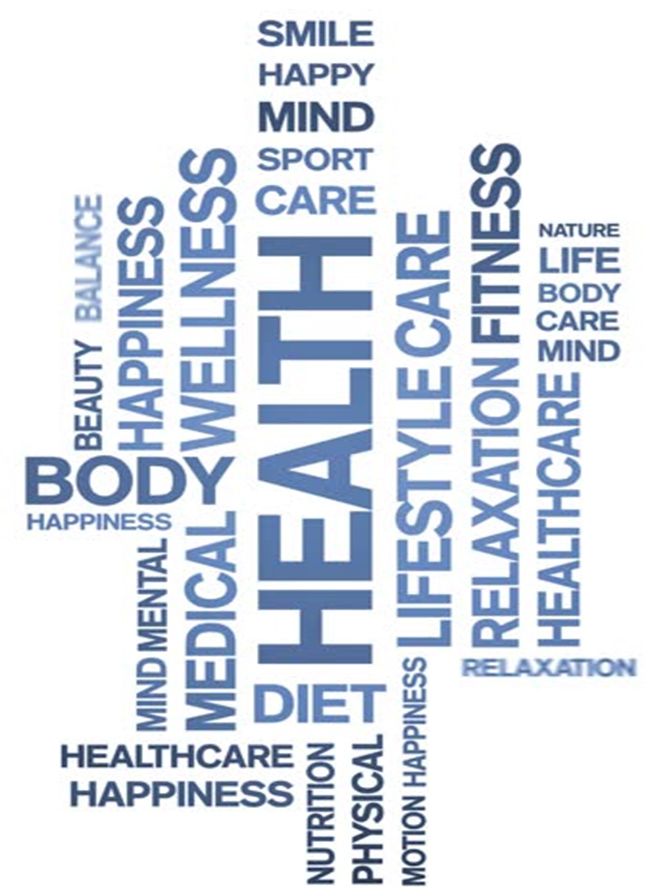 Word Cloud zum Thema Gesundheit mit zentralem Wort HEALTH in großer blauer Schrift
