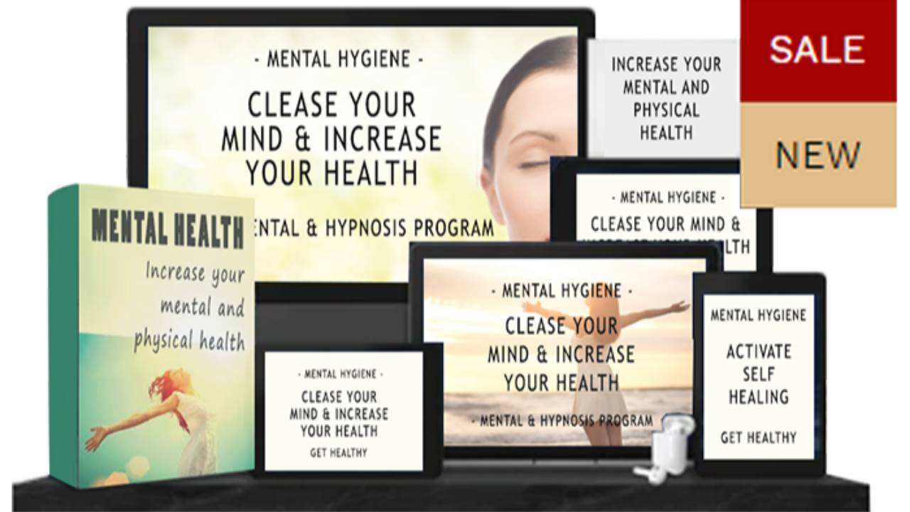 Mental Health Mentalhygiene Programm Mockup mit Produkten auf verschiedenen Geräten, Buch, Tablet, Smartphone und Kopfhörer