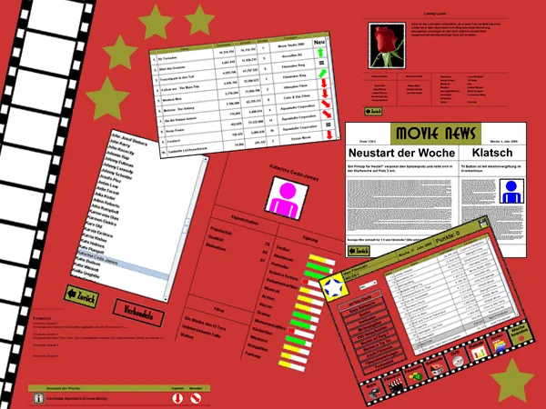 Hollywood – PC-Spiel ums Filmstudio von Christian Kolb 2 CopeCart Spielmaterial-Übersicht mit Filmstreifen, Tabellen, Charts und Spielkomponenten auf rotem Hintergrund